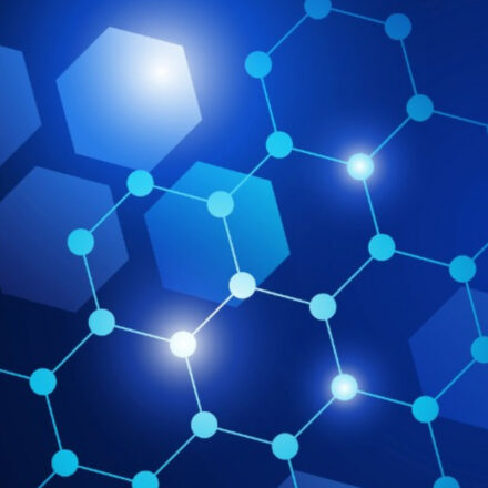 Digitally generated images of hegaxonal patterns in the fore and background, against a royal blue background.