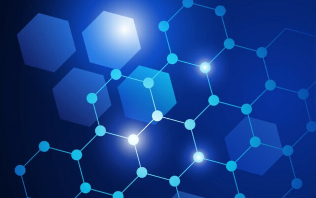 Digitally generated images of hegaxonal patterns in the fore and background, against a royal blue background.
