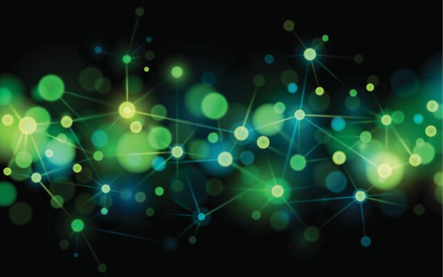 Abstract digital image of network traffic in motion against a dark background.