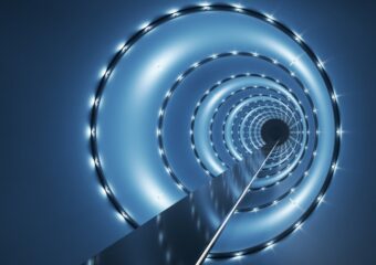 Digital image of a futuristic walkway in a lighted tunnel, in shades of blue with light illuminating the tunnel at regular intervals.