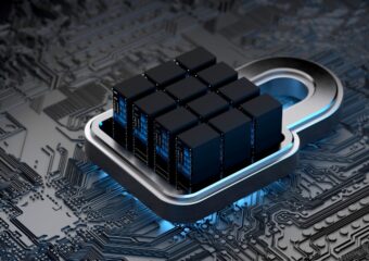 Digital image of motherboard with lock on it, reprsenting cybersecurity and digital threat protection.