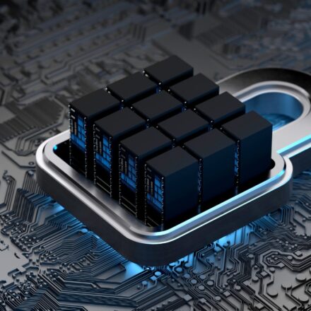 Digital image of motherboard with lock on it, reprsenting cybersecurity and digital threat protection.