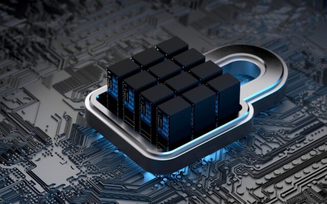 Digital image of motherboard with lock on it, reprsenting cybersecurity and digital threat protection.
