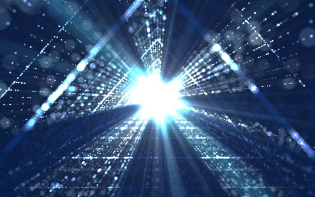 Navigating through a futuristic triangular shaped tunnel,