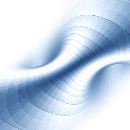 Digital image of an abstract blue metallic mesh tunnel.