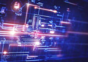 Abstract digital image of an LCD display with blueprint on screen.