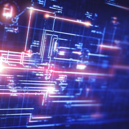Abstract digital image of an LCD display with blueprint on screen.