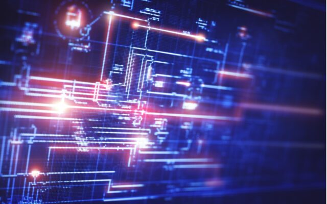 Abstract digital image of an LCD display with blueprint on screen.