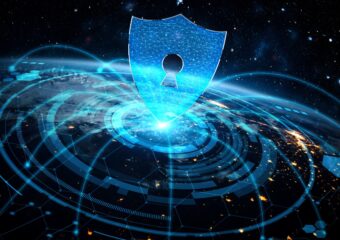 Digital image of a security lock symbol and protective shield over the globe.