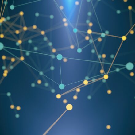 Network connections represented by yellow and light blue dots and lines against a darker blue background.