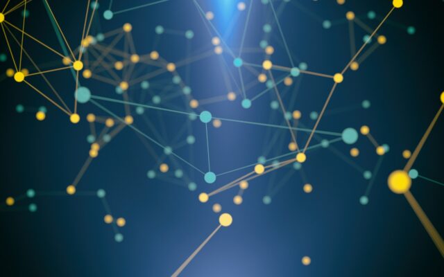 Network connections represented by yellow and light blue dots and lines against a darker blue background.