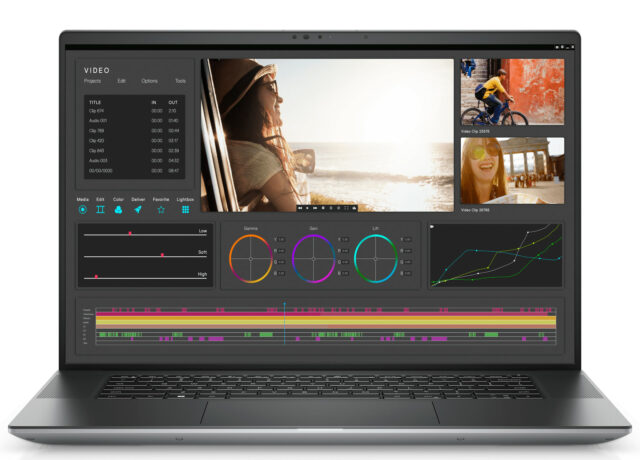 Dell Precision 5680 mobile workstation, view from the front showing display of video editing software, keyboard and touchpad.