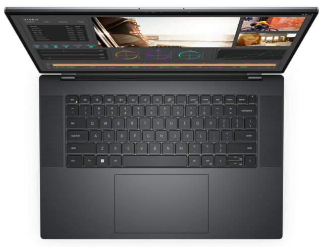 View from above of Dell Precision 5680 mobile workstation, focusing on keyboard and touchpad.