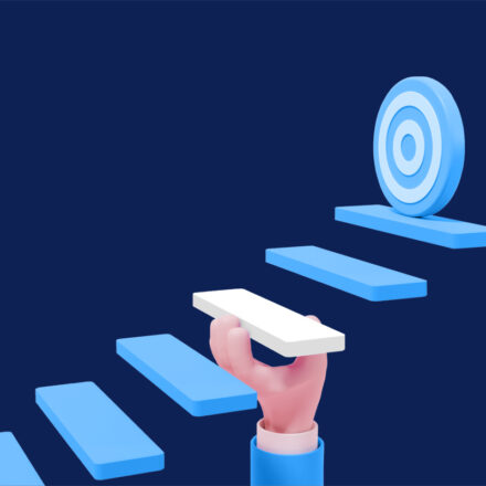 Digital graphic depicting a person's hand holding up a step on the pathway to the target.