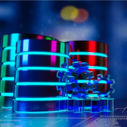 Digitally generated panoramic view of multiple databases in a state-of-the-art data center.