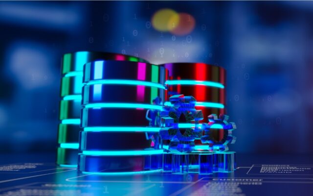 Digitally generated panoramic view of multiple databases in a state-of-the-art data center.