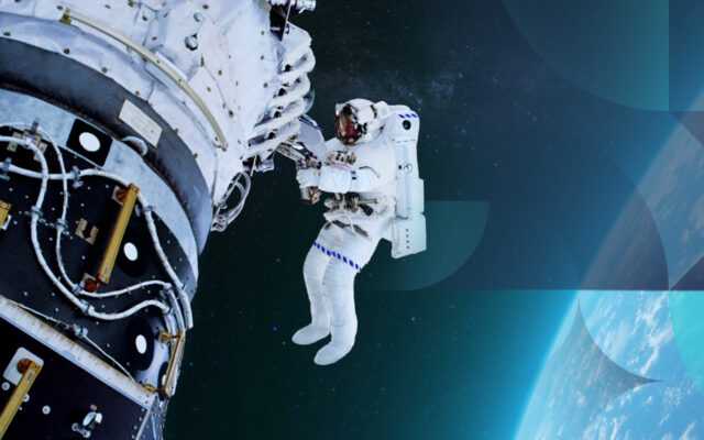 Astronaut in an EVA suit outside their spacecraft, working on mission payload project. Image has textured pattern subtly overlaid.