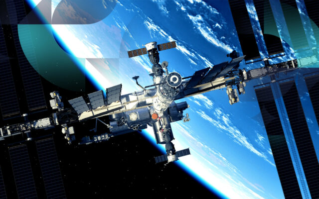 Space station orbiting high above Earth,