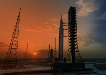 Rocket launch pads in low light as the sun is near the horizon in the background. Textured pattern is subtly overlaid the image..