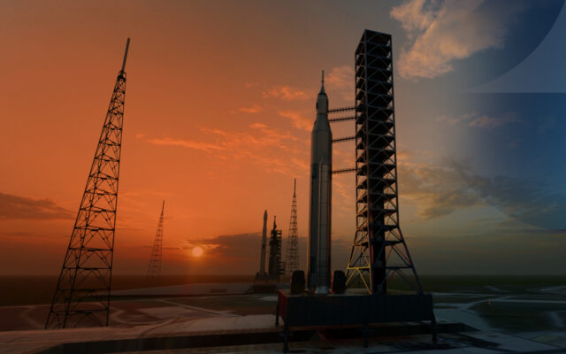 Rocket launch pads in low light as the sun is near the horizon in the background. Textured pattern is subtly overlaid the image..