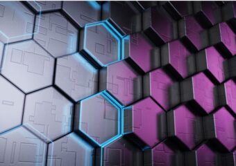 Digitally generated image of hexagons, gray on the left and purple on the right. Two gray hexagons in the center are outlined in a blue light on their edges.