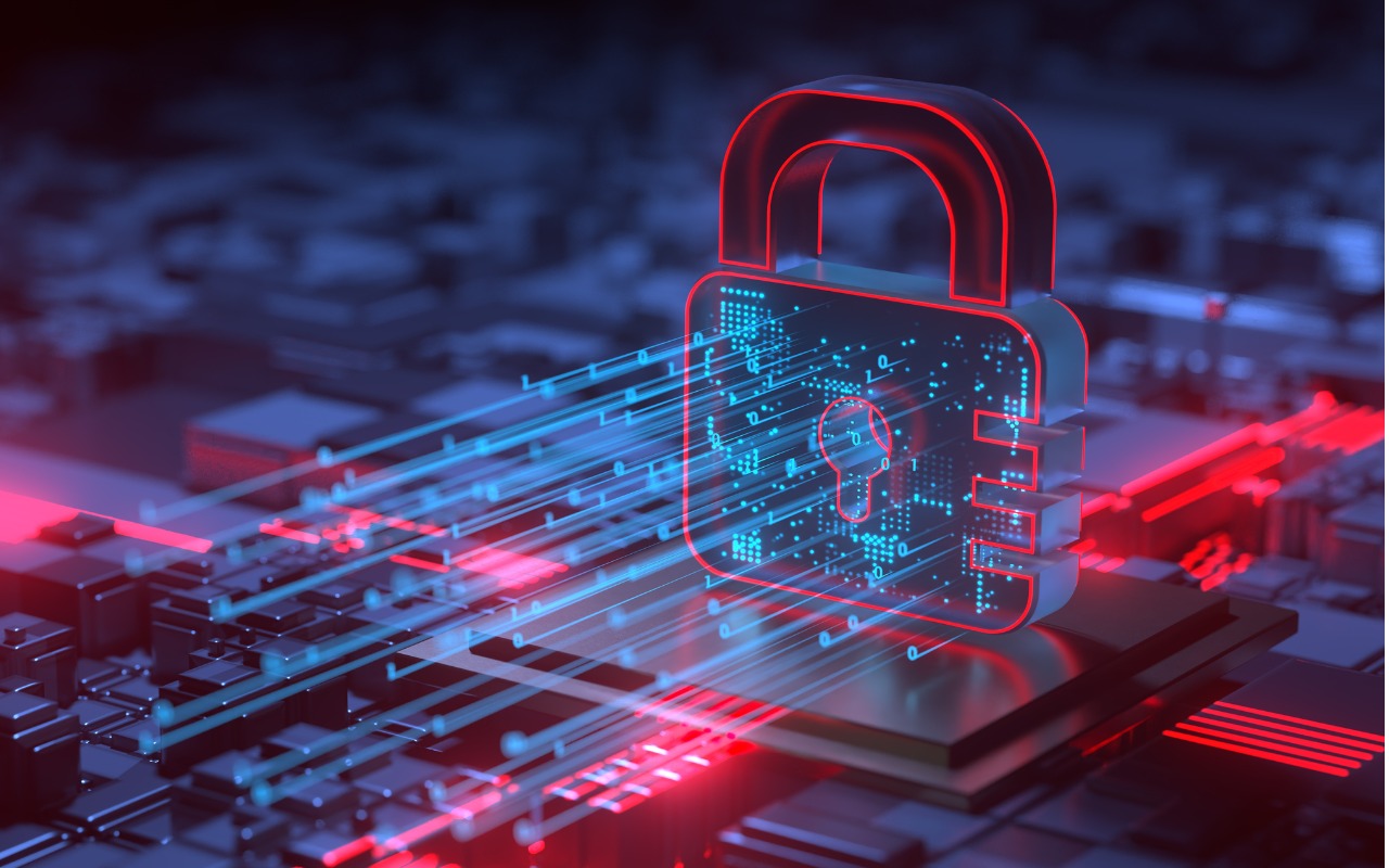 Digital rendering representing data protection, encrypted technology by a padlock with red outlines on a motherboard that has blue and red outlines.