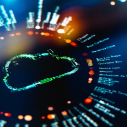 Futuristic interface on digital monitor for cloud computing technology infrastructure.