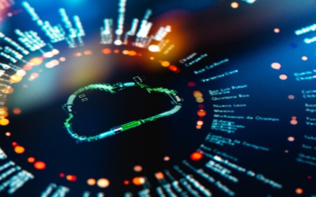 Futuristic interface on digital monitor for cloud computing technology infrastructure.