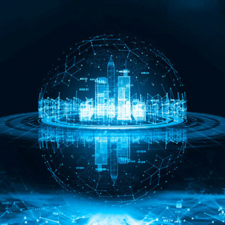 Digital image of a city skyline covered by a sphere and rings around the sphere, against a dark background and blue horizon at the bottom.