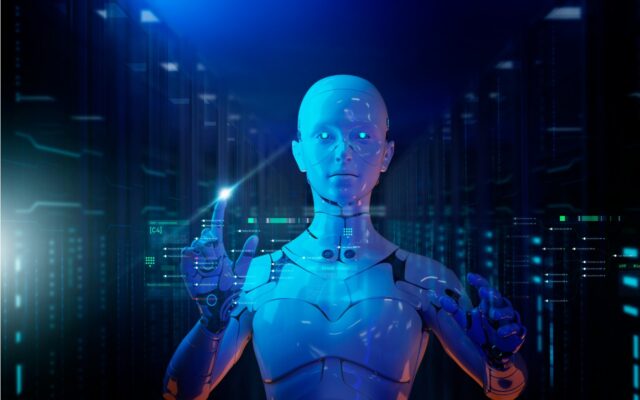 Digitally rendered image of a humanoid shaped robot using artificial intelligence to process assigned tasks, in a futuristic hi-tech environment.