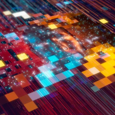 Abstract digital image in reds, yellow, and blue.