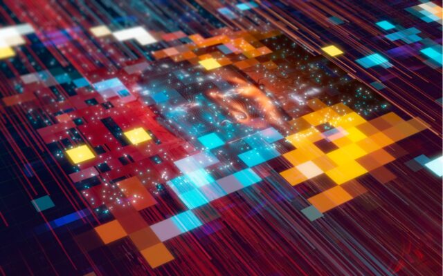 Abstract digital image in reds, yellow, and blue.