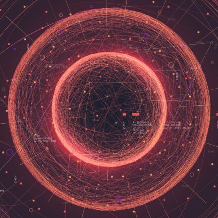 Interconnected data and information lines, appearing in concentric spheres. The spheres and information lines are red against a black background.