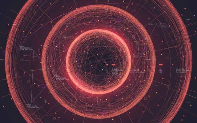 Interconnected data and information lines, appearing in concentric spheres. The spheres and information lines are red against a black background.