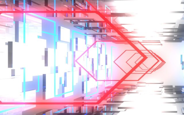 A tunnel in white and gray higlighted with neon blues and reds.