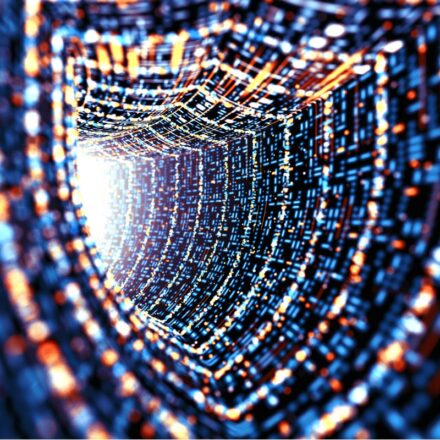 Digital rendering of a security shield tunnel, representing cybersecurity.