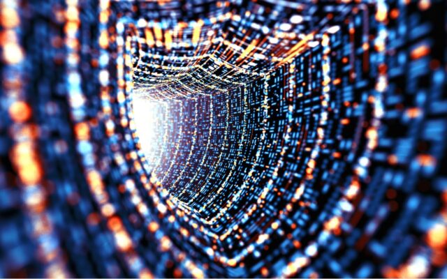 Digital rendering of a security shield tunnel, representing cybersecurity.