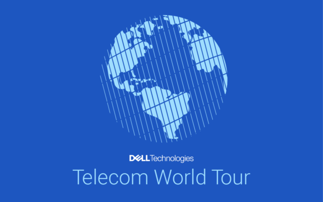 Digital graphic of Earth, showing the Americas, Atlantic Ocean, western Africa and western Europe against a blue background with Dell Technologies logo and Telecom World Tour below it.