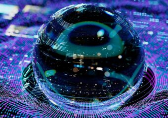 Digitally generated image of a sphere reflecting images off its surface with a purple and blue binary background underneath it.