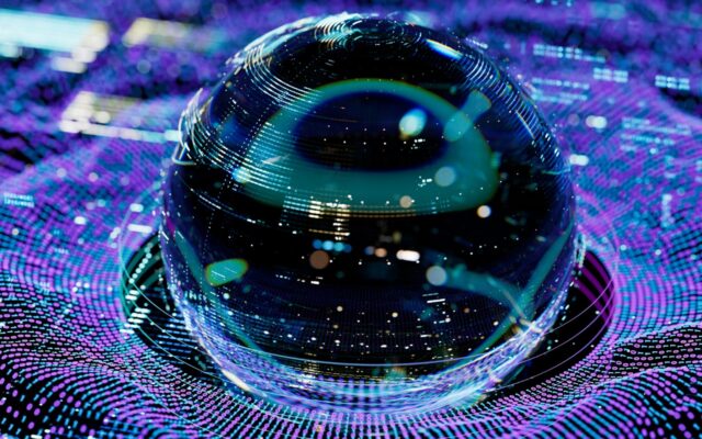 Digitally generated image of a sphere reflecting images off its surface with a purple and blue binary background underneath it.