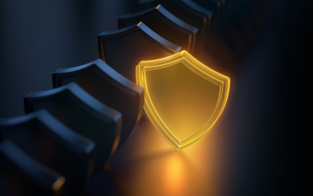 Digital image of a gold security shield standing out from line of other charcoal gray security shields.