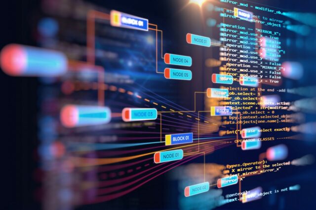 Abstract futuristic infographic with visual data complexity to represent Big data concept, node base programming