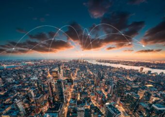 NYC skyline with telecom lines
