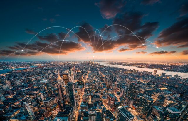 NYC skyline with telecom lines