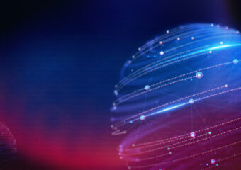 Abstract cloud technology network, telecom transformation, glowing connections, futuristic digital background, innovation and efficiency, blue and purple gradient.