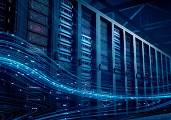 dell server racks with flowing blue wave