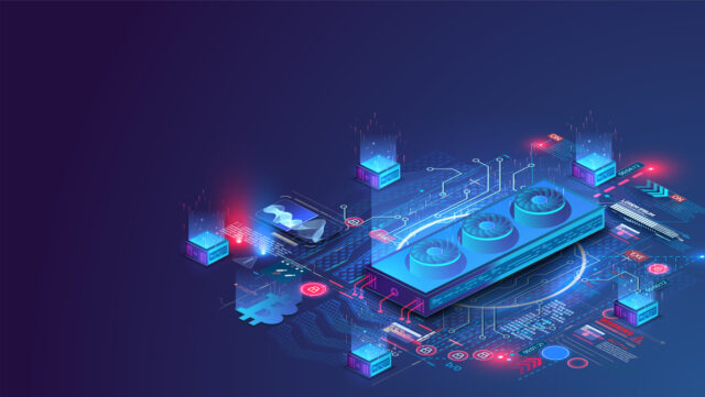 Crypto Mining concept. Creation, mining of Bitcoins. A data center, mainframe, or running futuristic graphics card on a blue background.