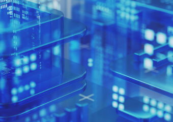 Big data, cybersecurity, technology concept. Blue abstract background made with abstract transparent 3D geometric shapes.