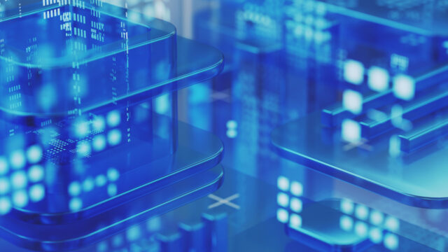 Big data, cybersecurity, technology concept. Blue abstract background made with abstract transparent 3D geometric shapes.