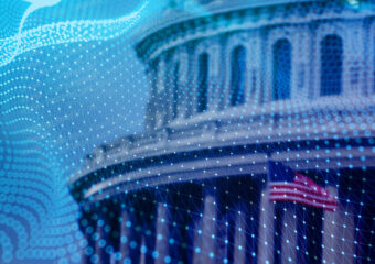 wavy AI interface transparent layer over an image of the capital dome in DC with an american flag in front of it